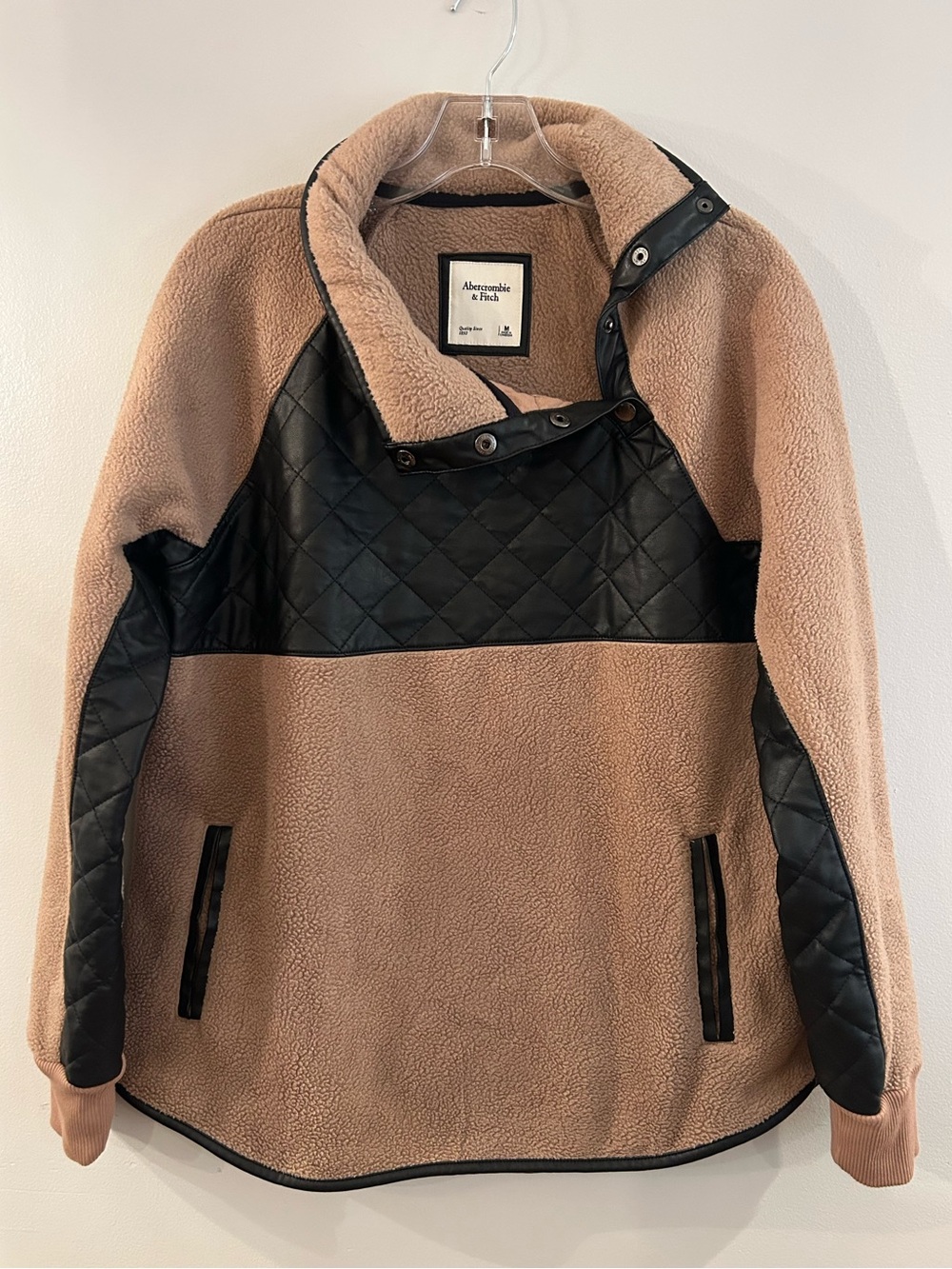 Abercrombie & Fitch Asymmetrical Snap-Up Fleece Faux Leather Pullover Tan Black